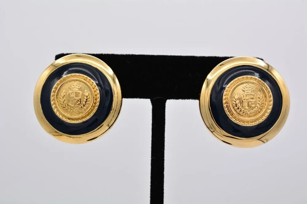 Liz Claiborne Vintage Earrings Gold Coin Chunky Black Logo LCI Signed 90s 9L